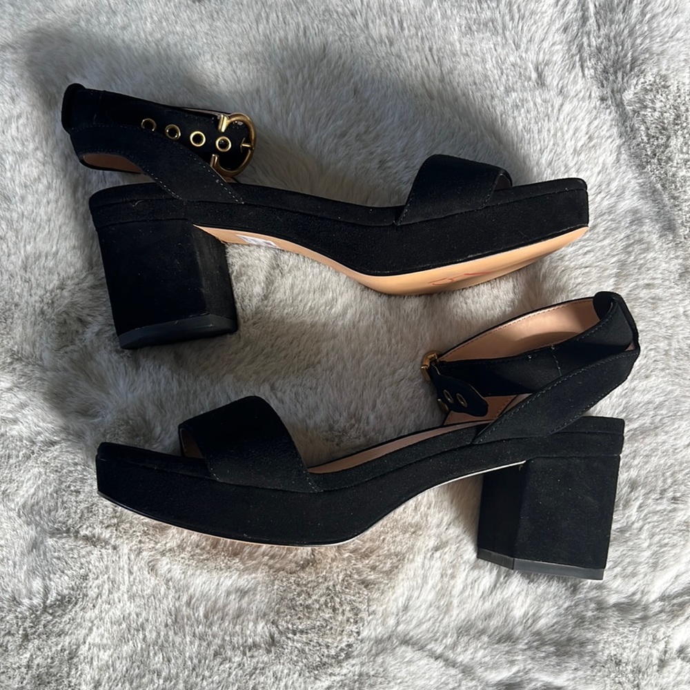Coach women’s suede strappy heels ankle strap block heel black shoes